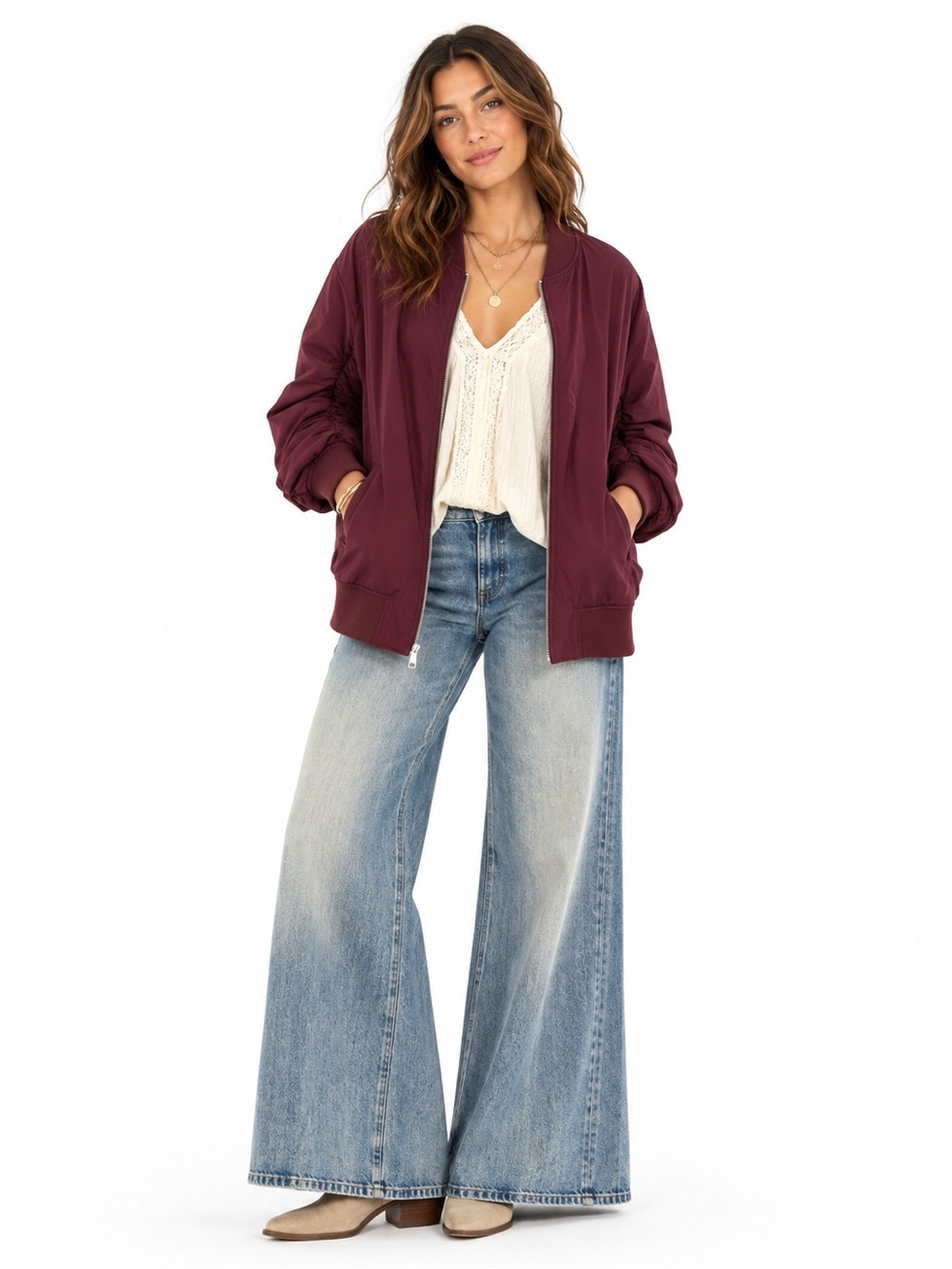 Express XL Burgundy Bomber Jacket Ruched Sleeve Zip Up Oversized Streetwear Boho